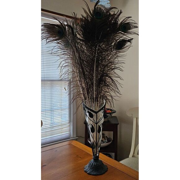 Antique‎ Handmade Caged Glass and Cast Iron Vase with Peacock Feathers - Picture 1 of 4
